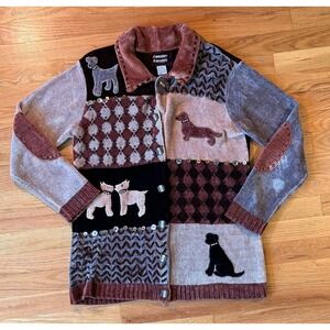 Sweater Sweater Vintage Dog Patchwork Cardigan Button Up Brown Tan Medium